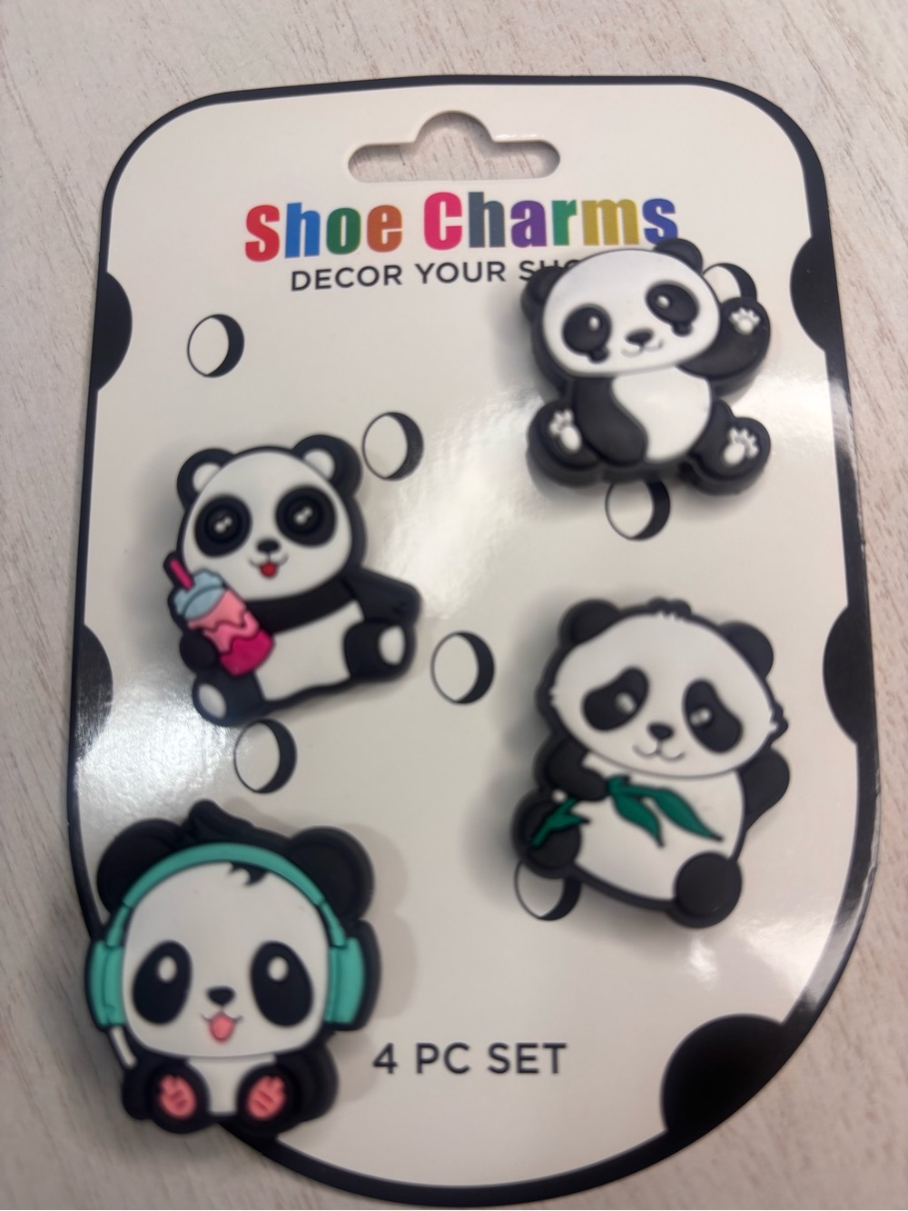 Panda Shoe Charms - 4 PC Set in Black & White with Teal Accents Croc Charms